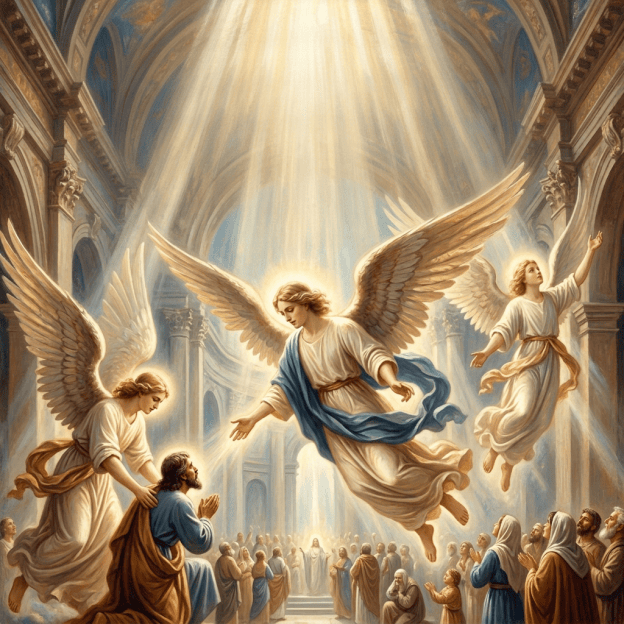 Hebrews 1:14 quote about ministering spirits serving those who inherit salvation, with angels and worshipers