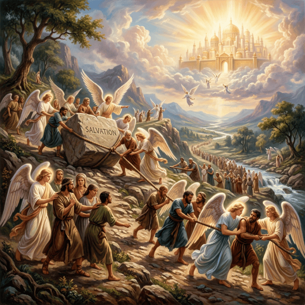 Angels and people pull a stone labeled “SALVATION” toward a heavenly city
