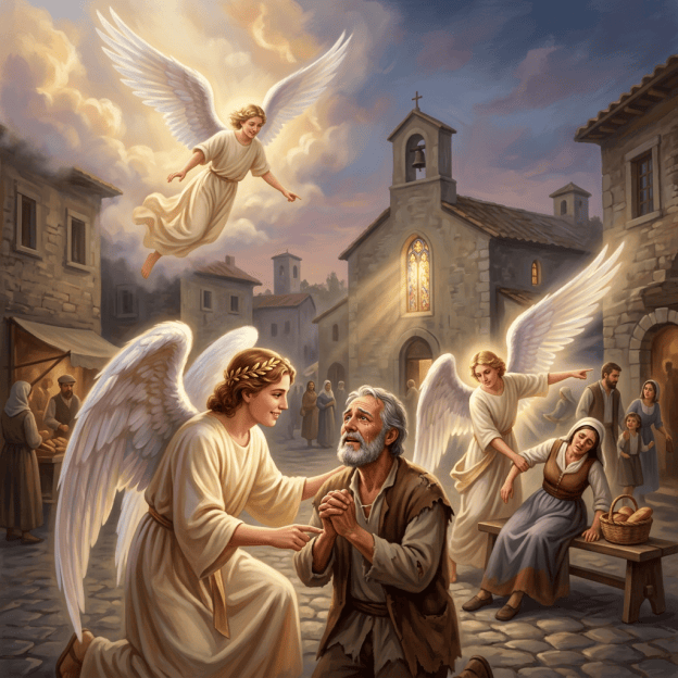 Angels guiding souls toward salvation