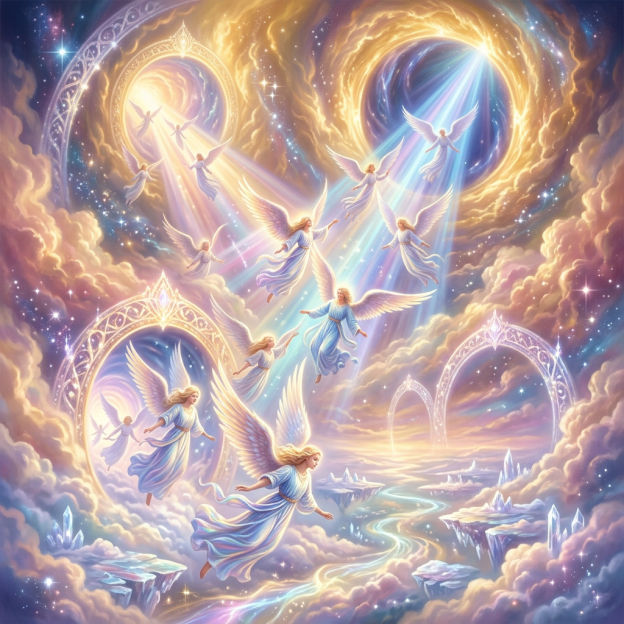 Angels ascending and descending through heavenly portals
