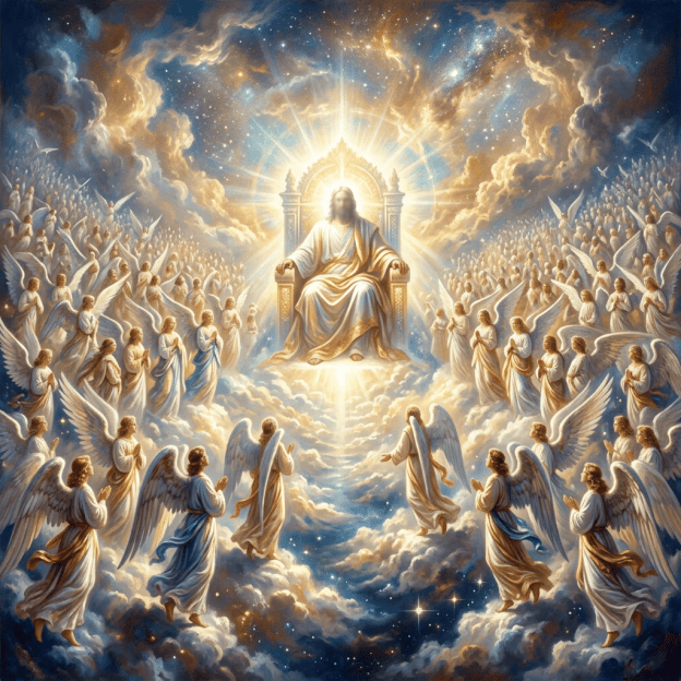 Heavenly throne room with gathered celestial beings