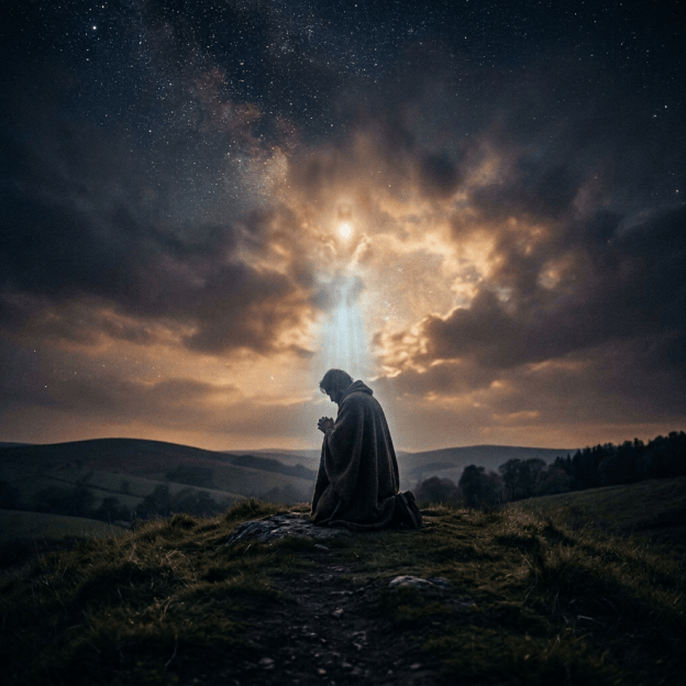 A kneeling figure praying on a hillside beneath stars and glowing clouds