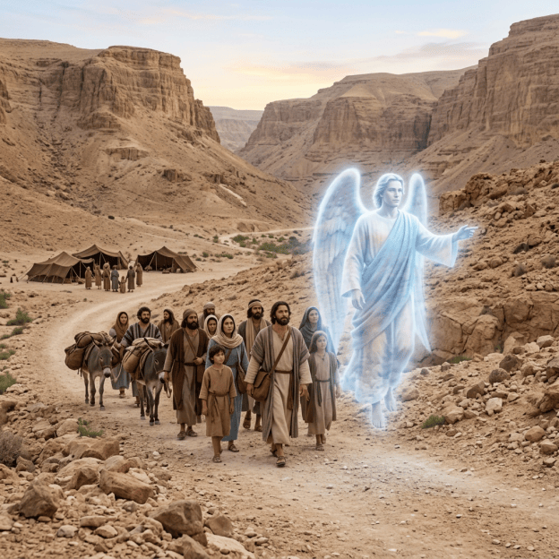 Angel guiding travelers through wilderness