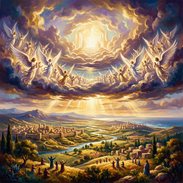 Angels worshiping God beneath heaven’s throne