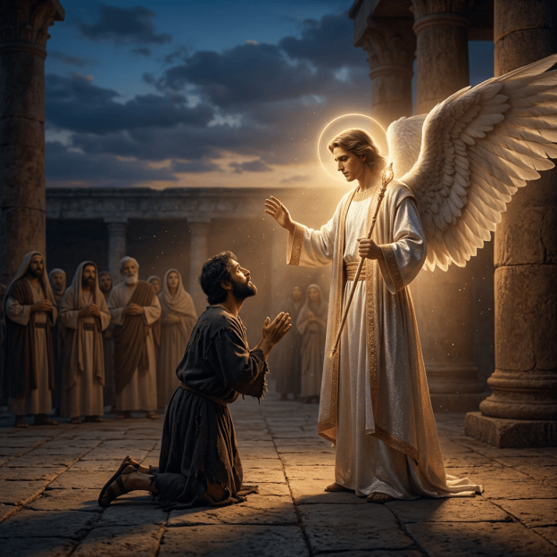 Winged angel blessing a kneeling man in an ancient stone courtyard