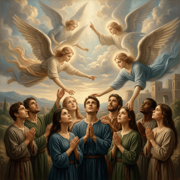People raised toward angelic heavenly glory