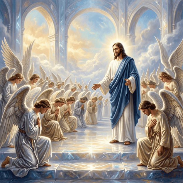 Angels worshiping Jesus as Lord