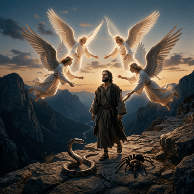 Angels protecting a person beneath heavenly light