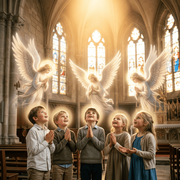 Five children praying beneath three angels in a cathedral