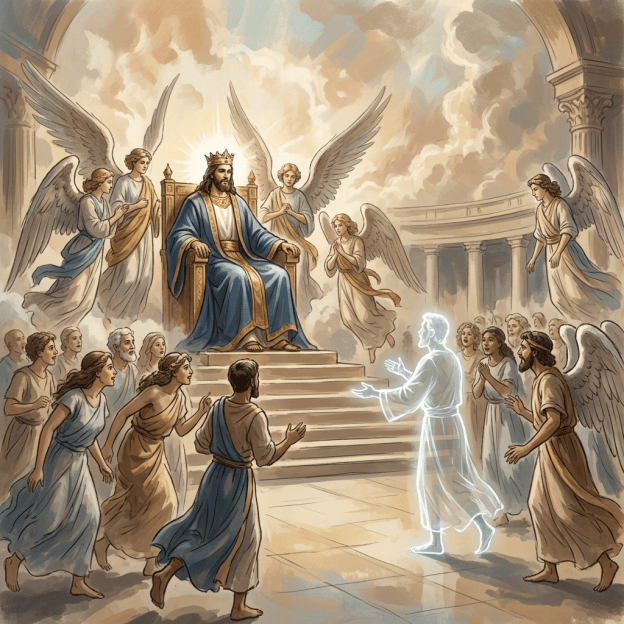 Crowned ruler on a throne surrounded by angels and worshippers, welcoming a glowing figure