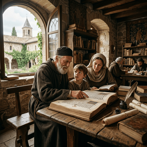 Elder teaching a child from an illuminated manuscript in a medieval library