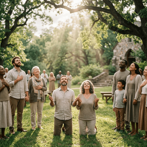 Believers sealed by the Holy Spirit beneath radiant heavenly light