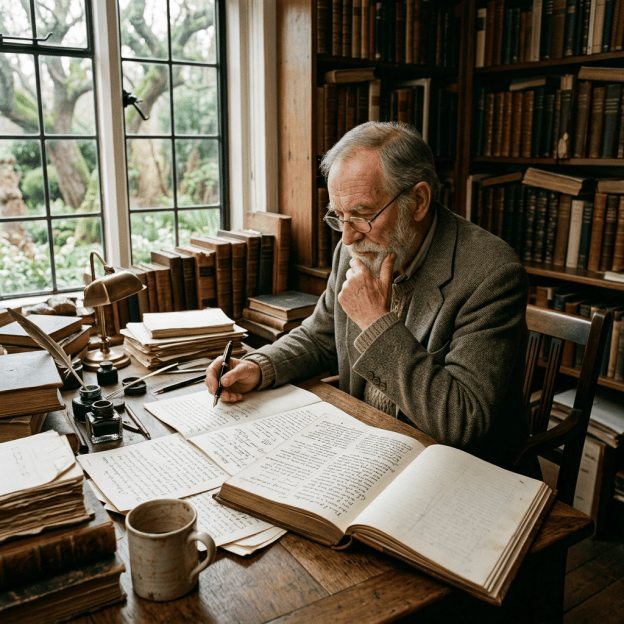 Person thoughtfully examining their own work