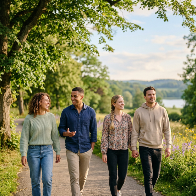 Four friends walking together along a countryside path beside a lake