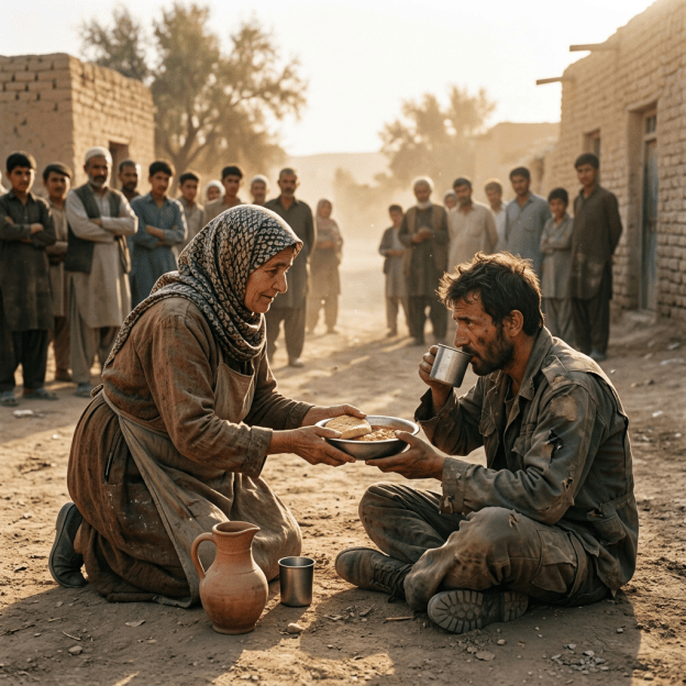 Woman serving food and tea to a seated man in a village
