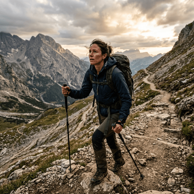 Hiker with trekking poles climbing a rocky alpine trail