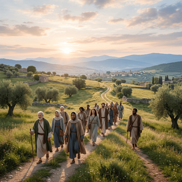A diverse group of travelers walking along a countryside path at sunset
