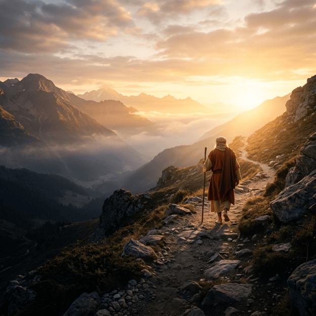 Traveler walking with a staff along a rocky mountain trail at sunrise