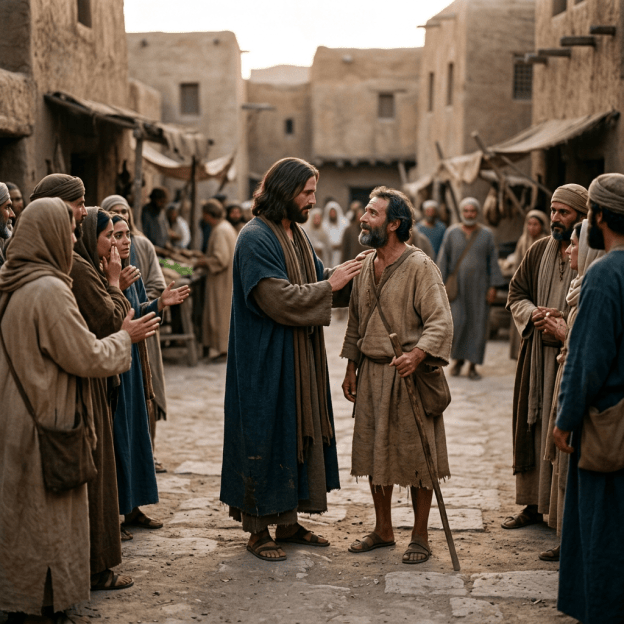 A robed teacher places a hand on a man's shoulder in an ancient marketplace.