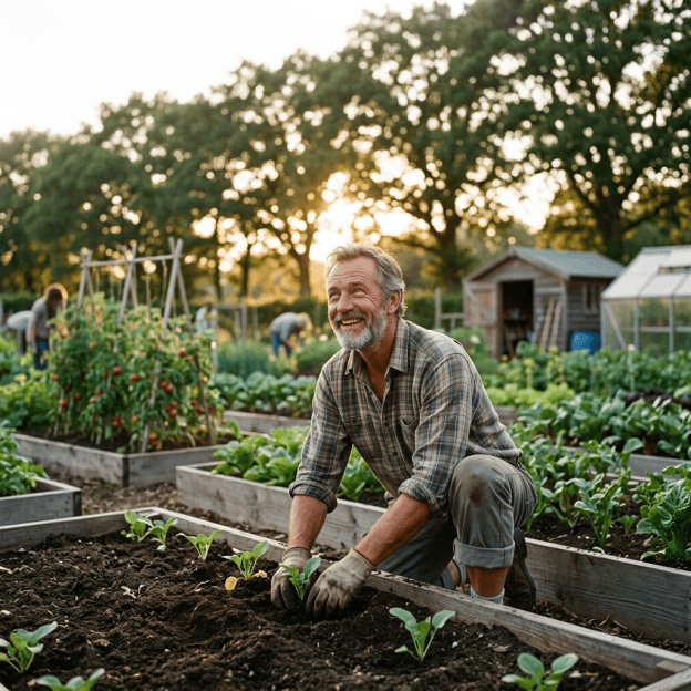 Smiling gardener planting seedlings in a community garden at sunset
