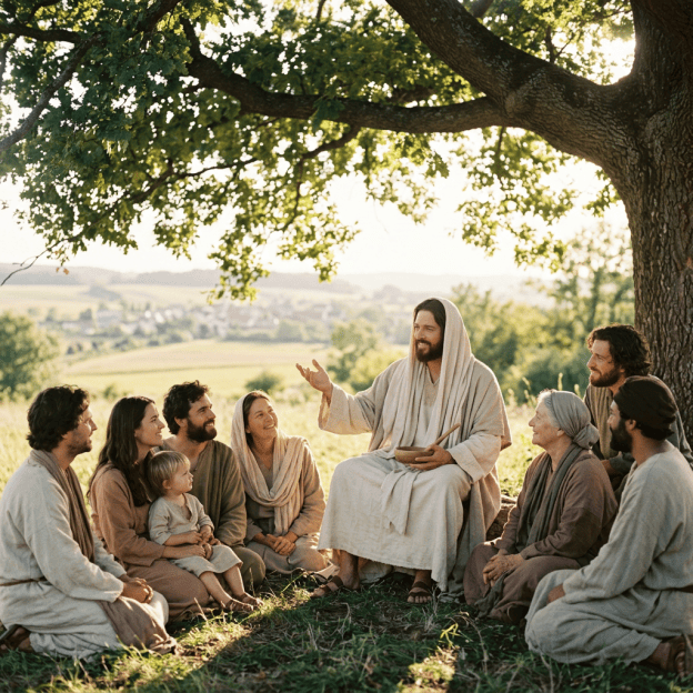 Jesus teaching a seated group beneath an oak tree in the countryside