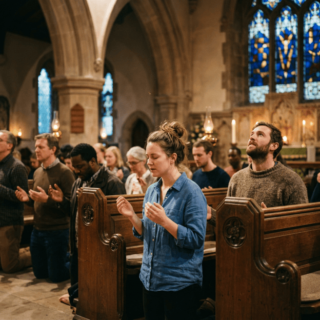 Worshippers kneeling and praying inside a church with stained-glass windows