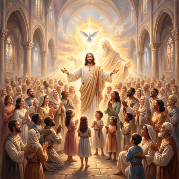 Jesus stands before a joyful congregation beneath God and a radiant dove