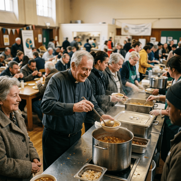 Volunteer serving soup at a busy community meal gathering