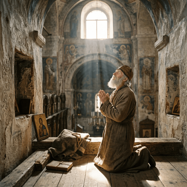 Bearded monk kneeling in prayer inside an icon-filled stone chapel