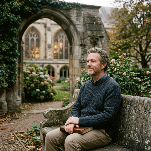 Man holding a book while seated in a church garden