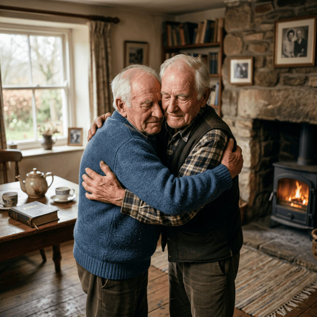 Two elderly men embracing in a cozy home beside a wood stove