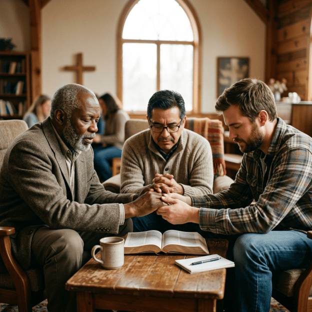 Three men holding hands in prayer around an open Bible