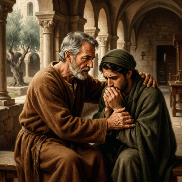 Older man comforting a distressed younger man in a monastery courtyard