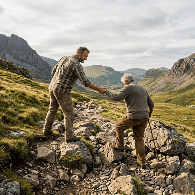 Hiker helping an older man across a rocky mountain trail