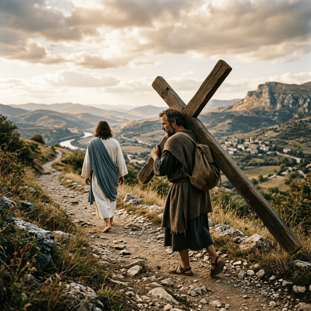 Two robed travelers walk a mountain path as one carries a large wooden cross