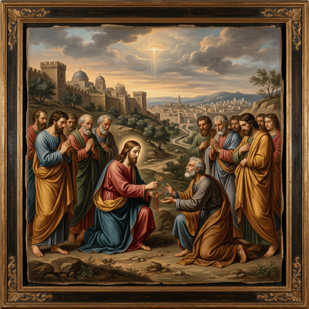 Jesus gives Peter two keys while disciples gather before a walled city.