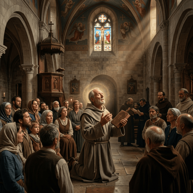 Friar holding a book and addressing people inside a medieval church