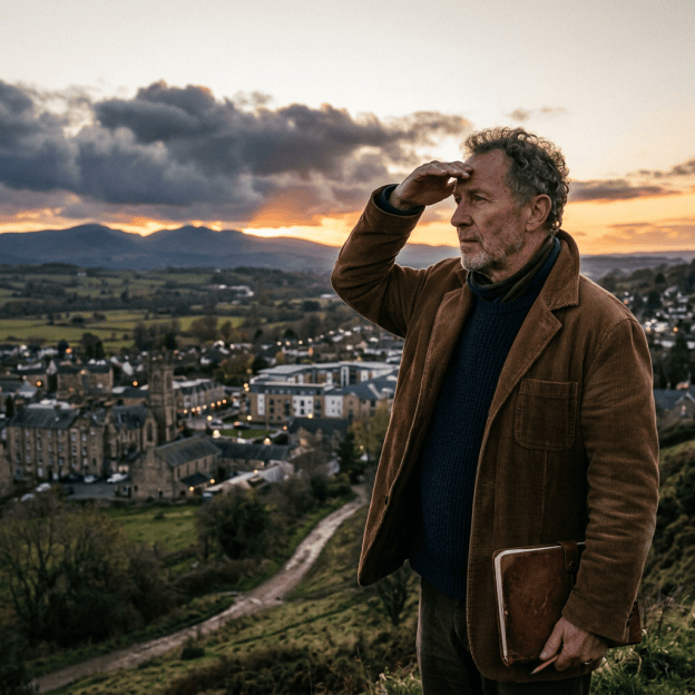 Man shading his eyes while overlooking a town and mountains at sunset