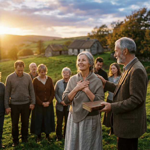 Community gathered outdoors as an older man presents a book to a woman