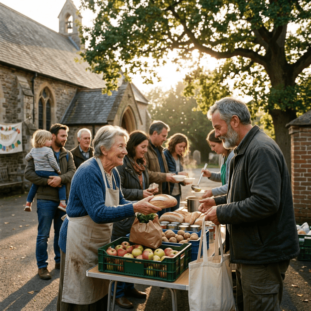 Neighbors sharing food at a church community stall