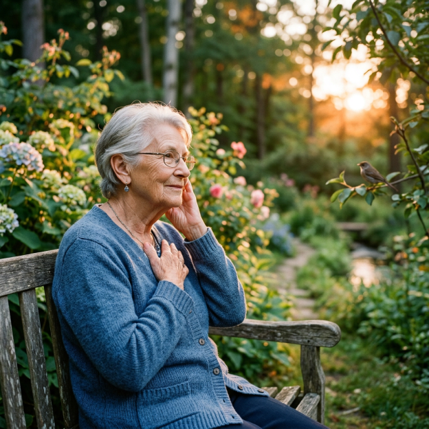 Older woman sitting on garden bench beside a perched bird