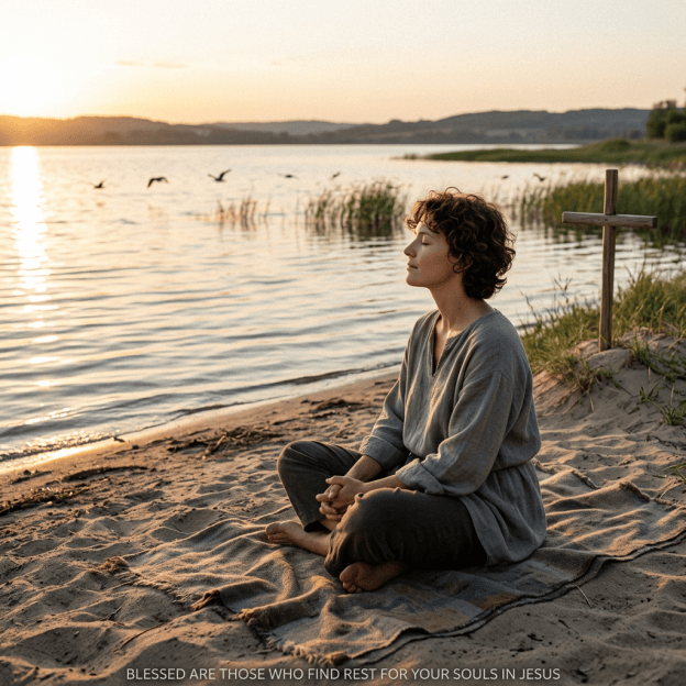Person meditating beside a lake and wooden cross at sunset; text reads “Blessed are those who find rest for your souls in Jesus.”