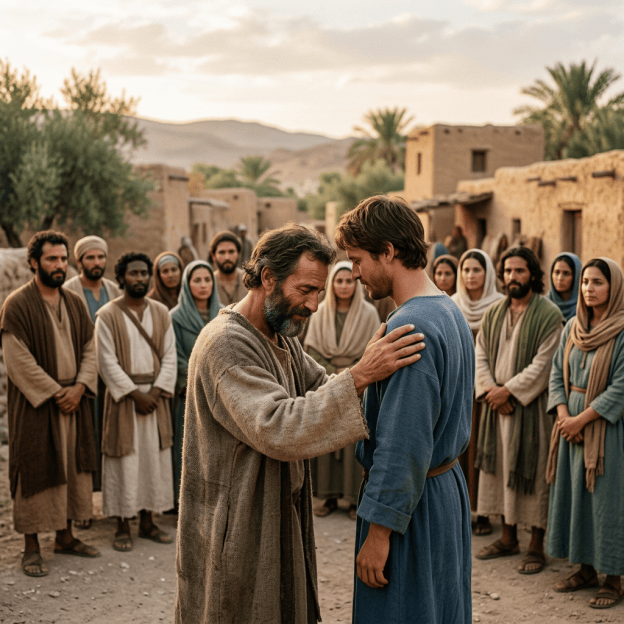 Two men facing each other as one rests a hand on the other's shoulder, surrounded by villagers.