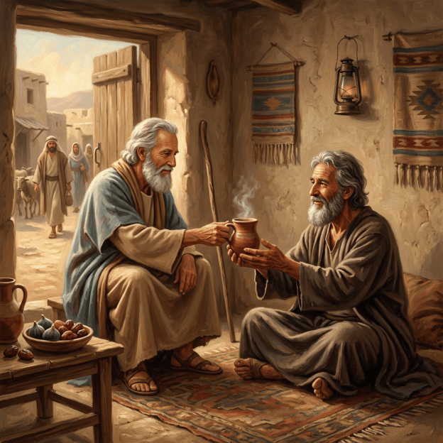 Two elderly men sharing a steaming cup inside a rustic home