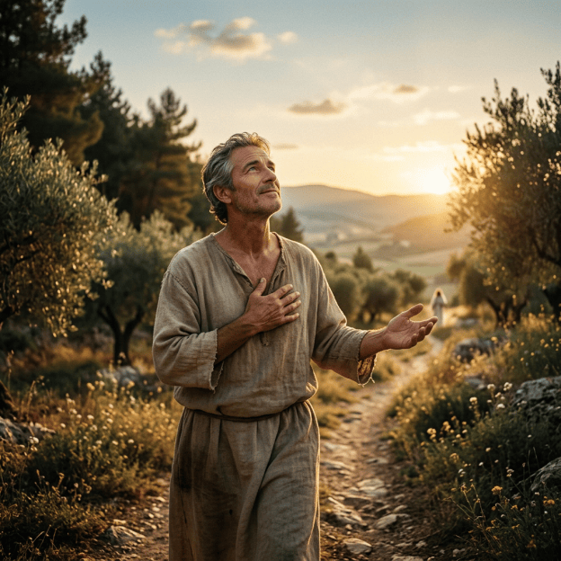 Man standing on a hillside path at sunset with one hand on his chest