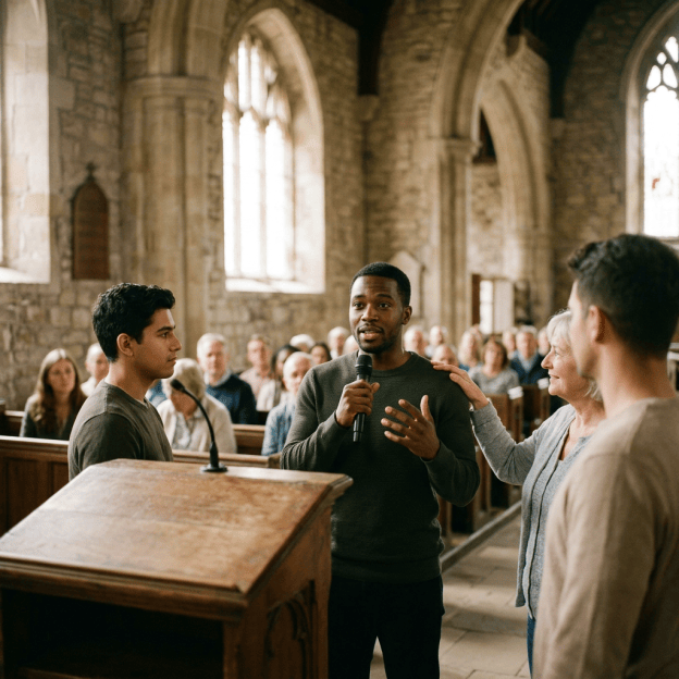 Man speaking into a microphone during a community gathering in a church