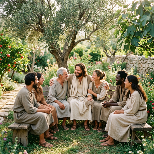 Seven people in simple robes sitting together in a flowering garden