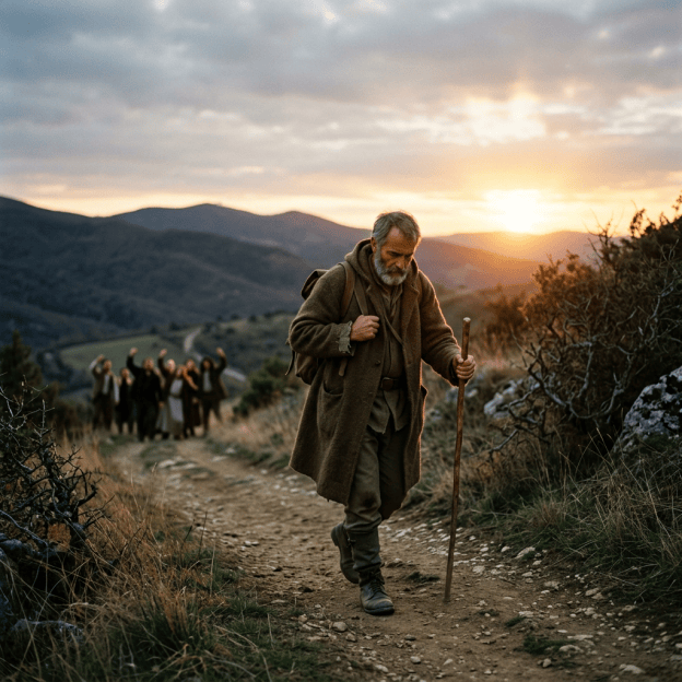Traveler with walking staff leading a group along a mountain trail at sunset