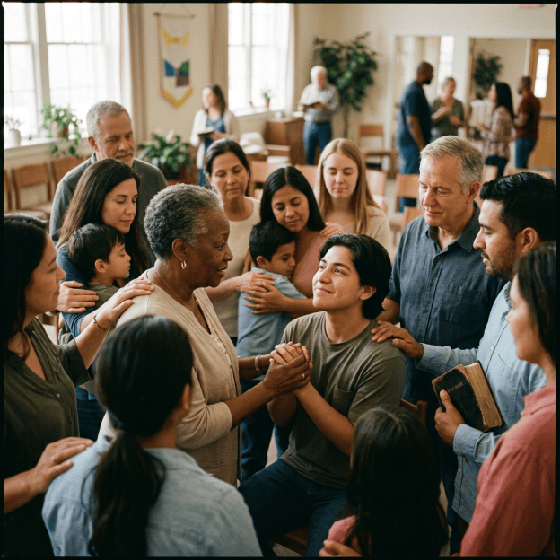 Diverse group gathered around two people holding hands in support