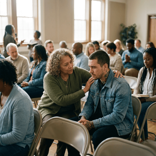 Woman comforting a man seated at a community gathering